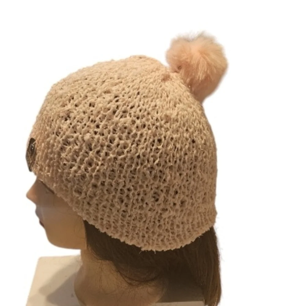 Hand Crafted Crochet pom pom beanie pink Paper Lace 73% Nylon 27% polyester soft